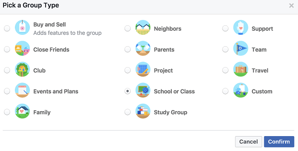 picking your facebook group type