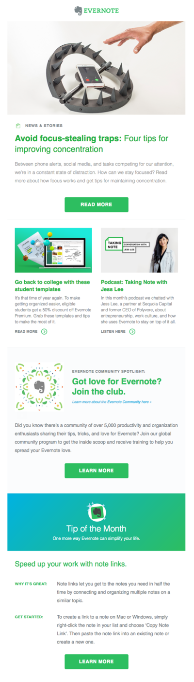 Evernote email copy example