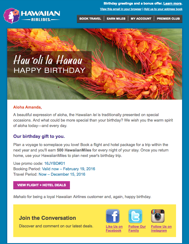 Birthday message from Hawaiian Air