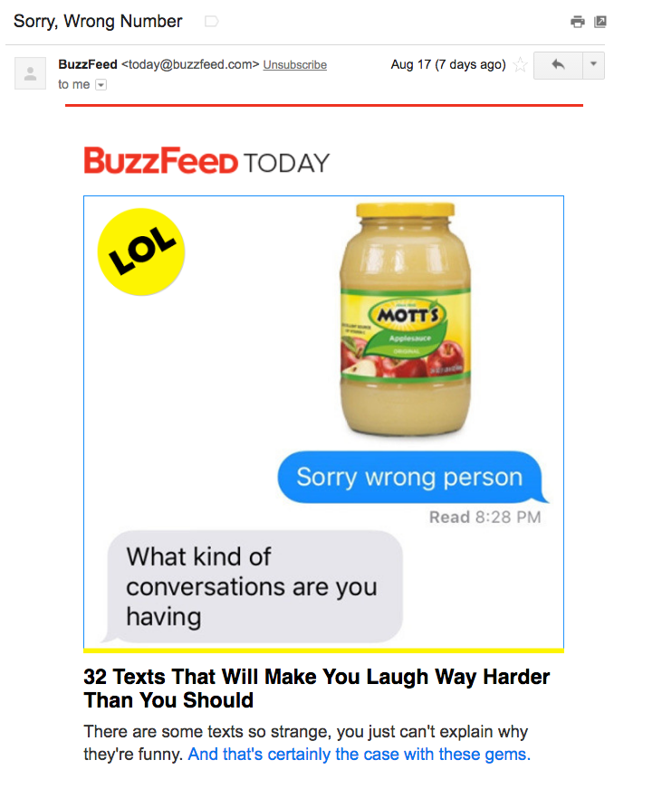 Buzzfeed encourages opens through attention-grabbing subject lines